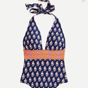 JCREW Halter V-neck one-piece in navy block print